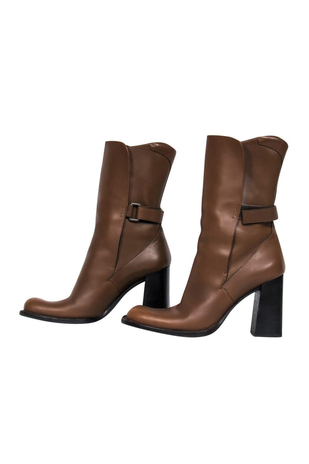 Current Boutique-Prada - Brown Leather Calf High Block Heel Boots Sz 8.5