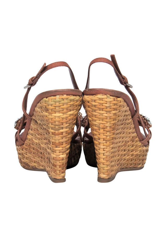 Current Boutique-Prada - Brown Leather Woven Slingback Wedges w/ Floral Jeweled Embellishments Sz 7