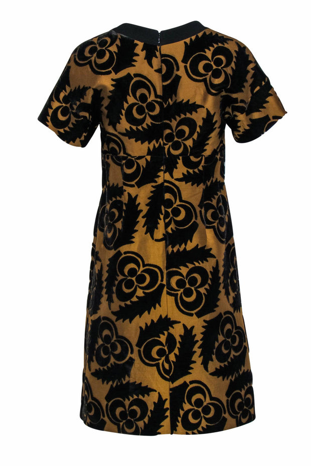 Current Boutique-Prada - Gold & Black Silk Blend A-Line Dress w/ Velvet Floral Pattern Sz L