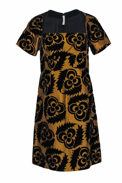 Current Boutique-Prada - Gold & Black Silk Blend A-Line Dress w/ Velvet Floral Pattern Sz L
