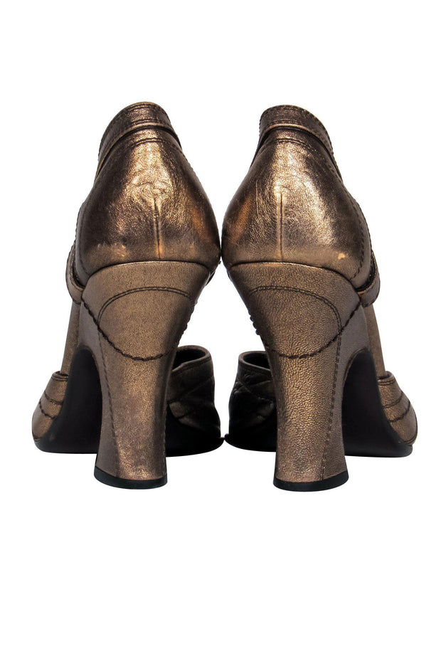 Current Boutique-Prada - Gold Leather Open Toe Heels Sz 6.5