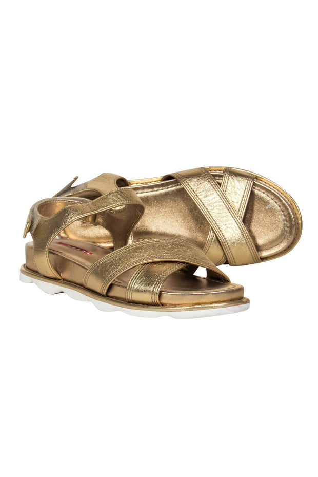 Current Boutique-Prada - Gold Leather Strappy Platform Sandals Sz 7.5