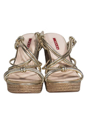 Current Boutique-Prada - Gold Strappy Woven Wedges Sz 10.5
