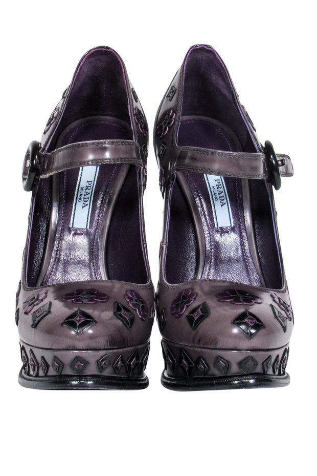 Current Boutique-Prada - Gray & Purple Floral Spazzolato Mary Jane Pumps Sz 7.5