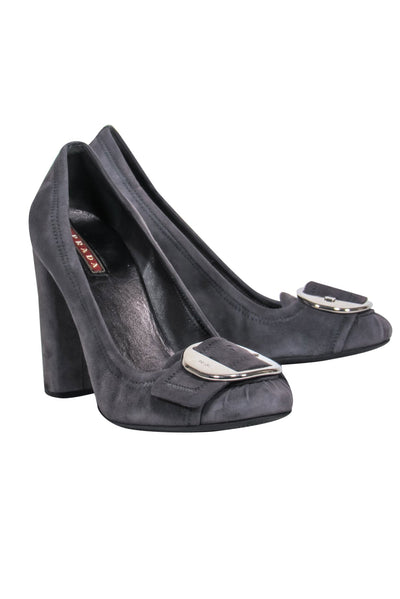 Current Boutique-Prada - Gray Suede Block Heels w/ Large Buckles Sz 8