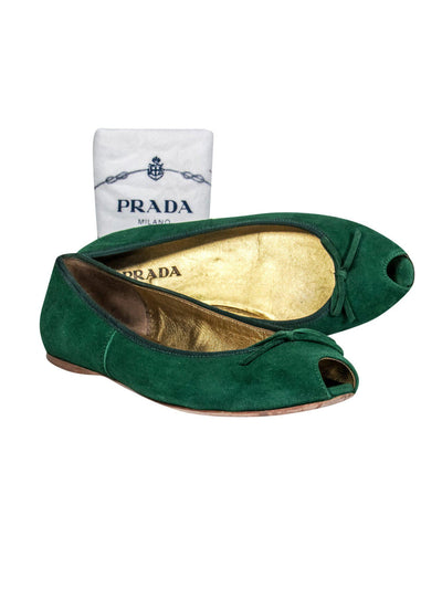 Current Boutique-Prada - Green Suede Peep-Toe Flats Sz 7.5