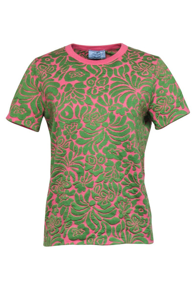 Current Boutique-Prada - Pink & Green Knit Palm Print Short Sleeve Top Sz 8