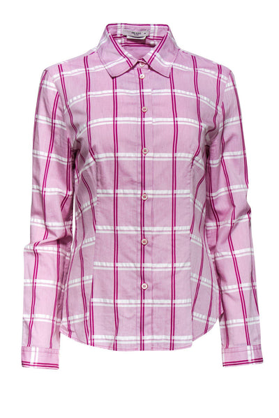 Current Boutique-Prada - Pink & White Plaid Button Down Blouse Sz 10