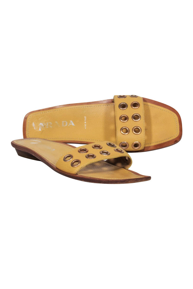 Current Boutique-Prada - Yellow Leather Slide Sandals w/ Grommets Sz 10
