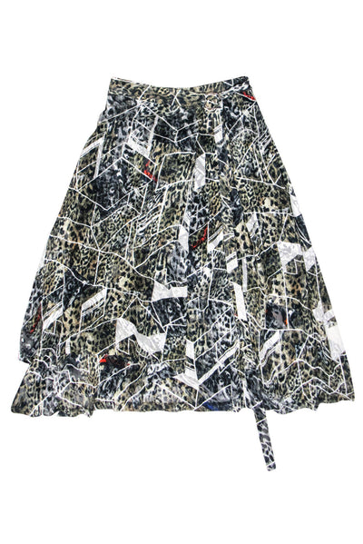 Current Boutique-Preen - Tan & Grey Textured Leopard & Geometric Print Wrap Skirt Sz M