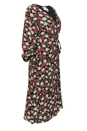 Current Boutique-Privacy Please - Black, White & Rust Floral Print Midi Wrap Dress Sz M