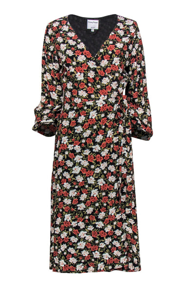 Current Boutique-Privacy Please - Black, White & Rust Floral Print Midi Wrap Dress Sz M