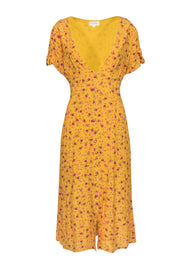 Current Boutique-Privacy Please - Mustard & Pink Rose Bud Print Button Front Dress Sz XL