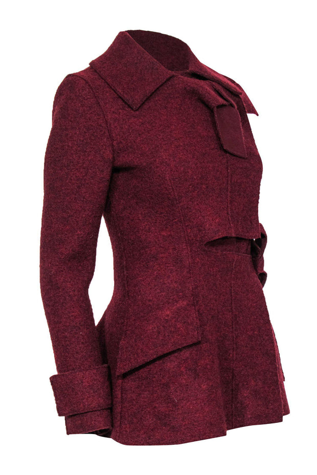 Current Boutique-Proenza Schouler - Maroon Double Breasted Snap Button-Up Wool Peacoat w/ Wrap Tie Sz 2
