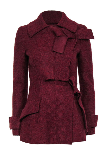 Current Boutique-Proenza Schouler - Maroon Double Breasted Snap Button-Up Wool Peacoat w/ Wrap Tie Sz 2