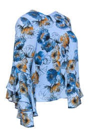 Current Boutique-Prose & Poetry - Blue & Orange Floral Print Long Sleeve Ruffle Blouse Sz S