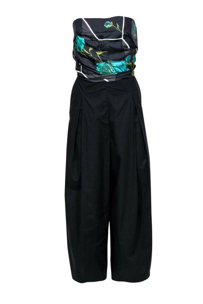 Current Boutique-Rachel Comey - Black & Blue Rose Strapless Wide-Leg Jumpsuit Sz 10