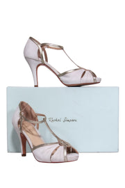Current Boutique-Rachel Simpson - White Suede T-Strap Pumps w/ Silver & Rose Gold Leather Trim Sz 6