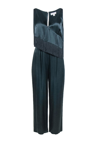 Current Boutique-Rachel Zoe - Emerald Green Sleeveless Wide Leg Satin Jumpsuit w/ Fringe Trim Sz 8