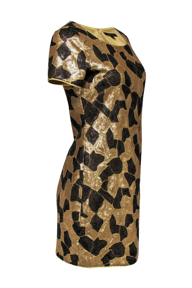 Current Boutique-Rachel Zoe - Gold & Black Sequin Print Short Sleeve Shift Dress Sz M
