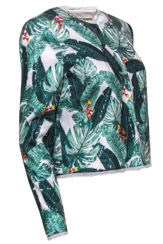 Current Boutique-Rachel Zoe - Green & White Sequin Tropical Print Clasped Jacket Sz 6