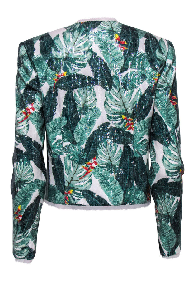 Current Boutique-Rachel Zoe - Green & White Sequin Tropical Print Clasped Jacket Sz 6