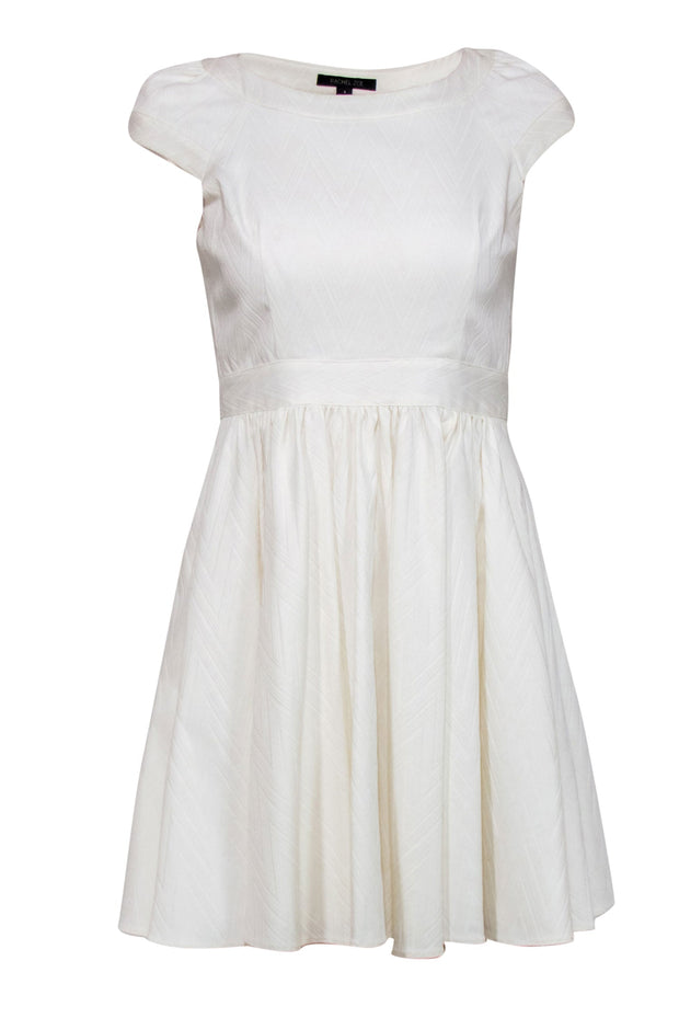 Current Boutique-Rachel Zoe - Ivory Chevron Textured Cotton Blend Fit & Flare Dress Sz 4