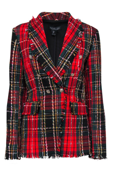 Current Boutique-Rachel Zoe - Red, Black & Green Plaid Double Breasted Blazer w/ Frayed Trim Sz S