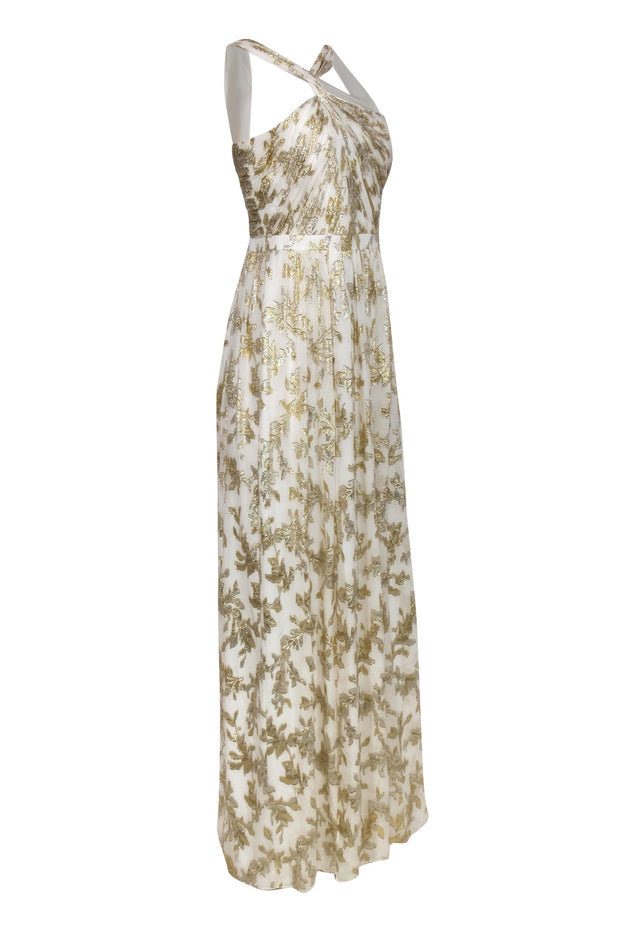 Current Boutique-Rachel Zoe - White, Gold & Silver Metallic Floral Print Gown Sz 6