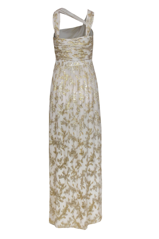 Current Boutique-Rachel Zoe - White, Gold & Silver Metallic Floral Print Gown Sz 6