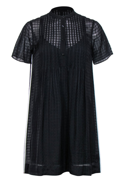 Current Boutique-Rag & Bone - Black Grid Sheer Silk Shift Dress w/ White Racing Stripes Sz XS