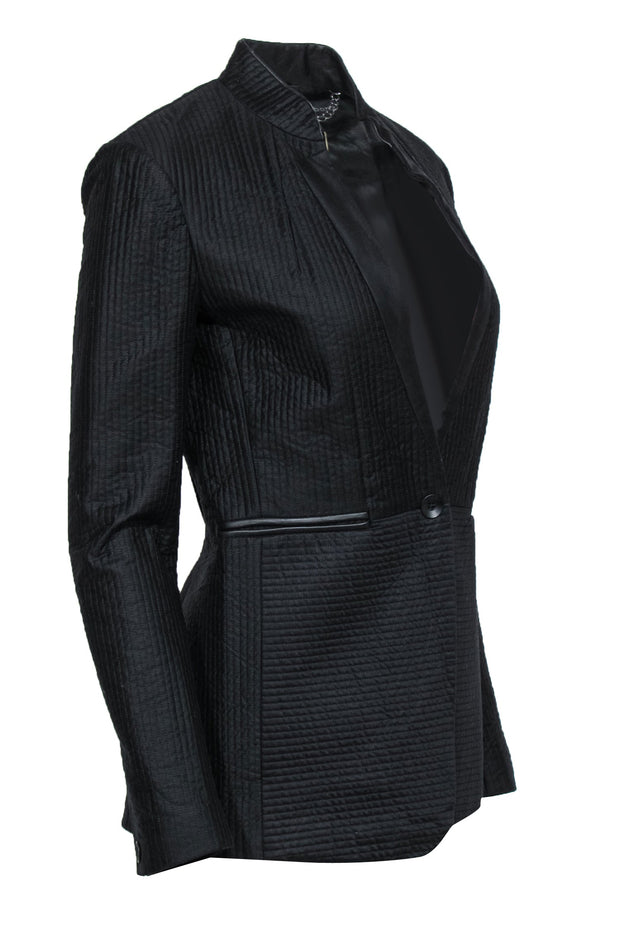 Current Boutique-Rag & Bone - Black Quilted Single Button Blazer w/ Sheep Leather Trim & Mandarin Collar Sz 2