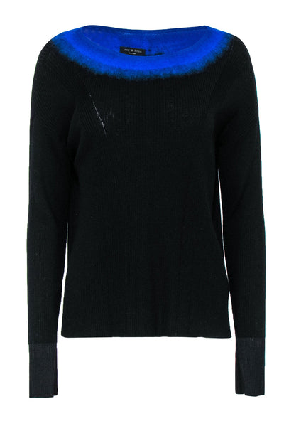 Current Boutique-Rag & Bone - Black Ribbed Merino Wool Sweater w/ Blue Ombre Neckline Sz M