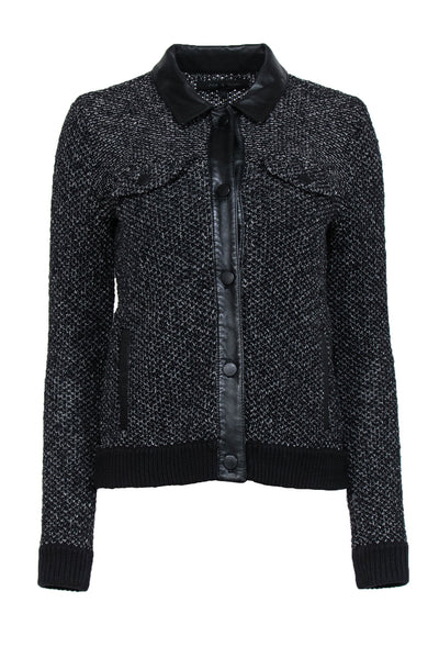 Current Boutique-Rag & Bone - Black & White Knit Button-Up Jacket w/ Leather Trim & Collar Sz XS