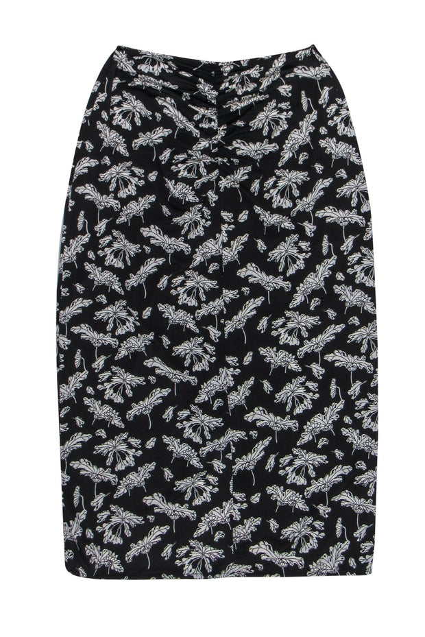 Current Boutique-Rag & Bone - Black & White Leaf Print Ruched "Sabeen" Midi Skirt Sz S