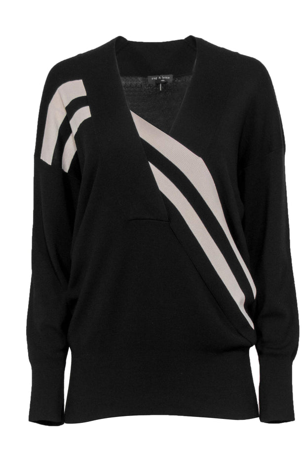 Current Boutique-Rag & Bone - Black Wool Sweater w/ Front Cream Striped Faux Wrap Design Sz XS