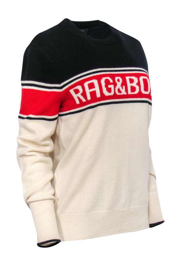 Current Boutique-Rag & Bone - Cream, Red & Black Colorblocked Logo Wool Sweater Sz S