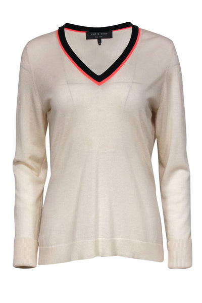Current Boutique-Rag & Bone - Cream V-Neck Sweater w/ Striped Neckline Sz L