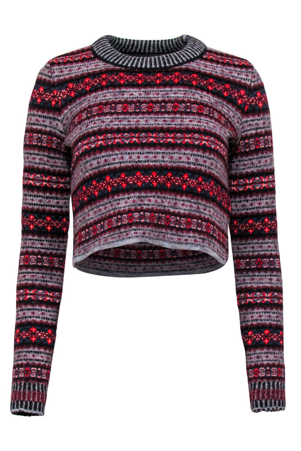 Current Boutique-Rag & Bone - Grey, Red & Navy Printed Cropped Wool Blend Sweater Sz XS