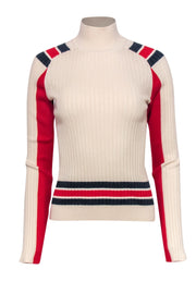 Current Boutique-Rag & Bone - Ivory Ribbed Turtleneck Sweater w/ Red & Blue Stripes Sz M