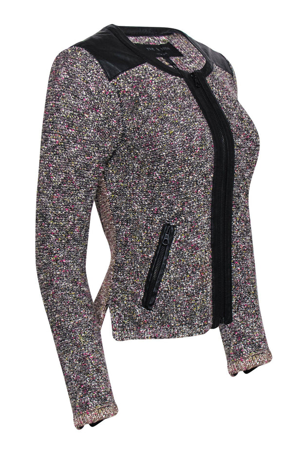 Current Boutique-Rag & Bone - Multicolor Tweed Zip-Up Jacket w/ Leather Trim Sz S