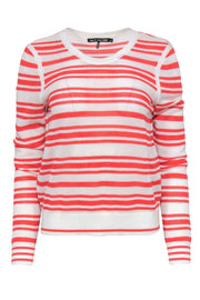 Current Boutique-Rag & Bone - White & Coral Striped Eyelet Knit Cotton Sweater Sz L