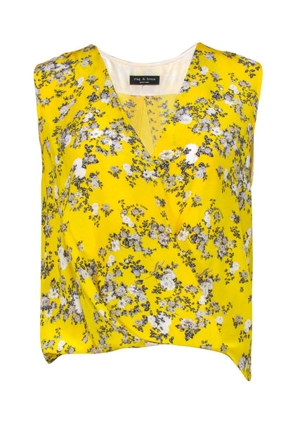 Current Boutique-Rag & Bone - Yellow Floral Silk V-Neck Draped Sleeveless Blouse Sz S