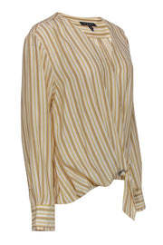 Current Boutique-Rag & Bone - Yellow, White & Grey Striped Long Sleeve High-Low Silk Wrap Blouse Sz L