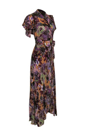 Current Boutique-Raga - Beige & Purple Floral Print Short Sleeve Wrap Maxi Dress Sz Xs