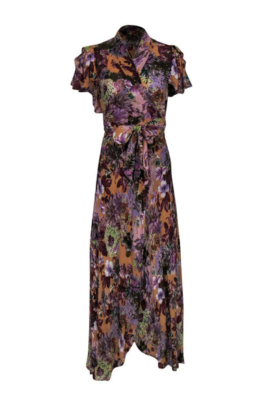 Current Boutique-Raga - Beige & Purple Floral Print Short Sleeve Wrap Maxi Dress Sz Xs
