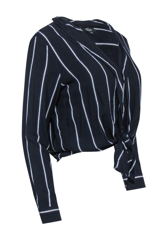 Current Boutique-Rails - Navy & Silver Striped Long Sleeve Blouse w/ Front Tie Sz S