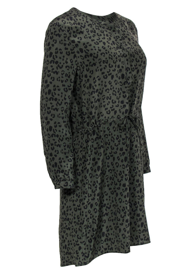 Current Boutique-Rails - Olive & Black Leopard Print Half Button-Up Silk Shirt Dress Sz S