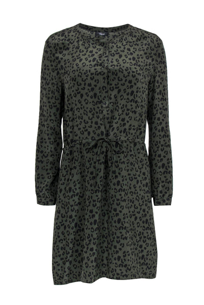 Current Boutique-Rails - Olive & Black Leopard Print Half Button-Up Silk Shirt Dress Sz S