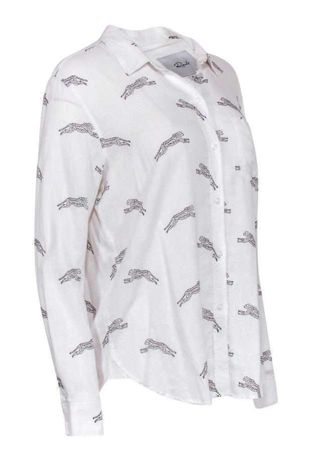 Current Boutique-Rails - White Cheetah Print Button-Up Long Sleeve Blouse Sz M